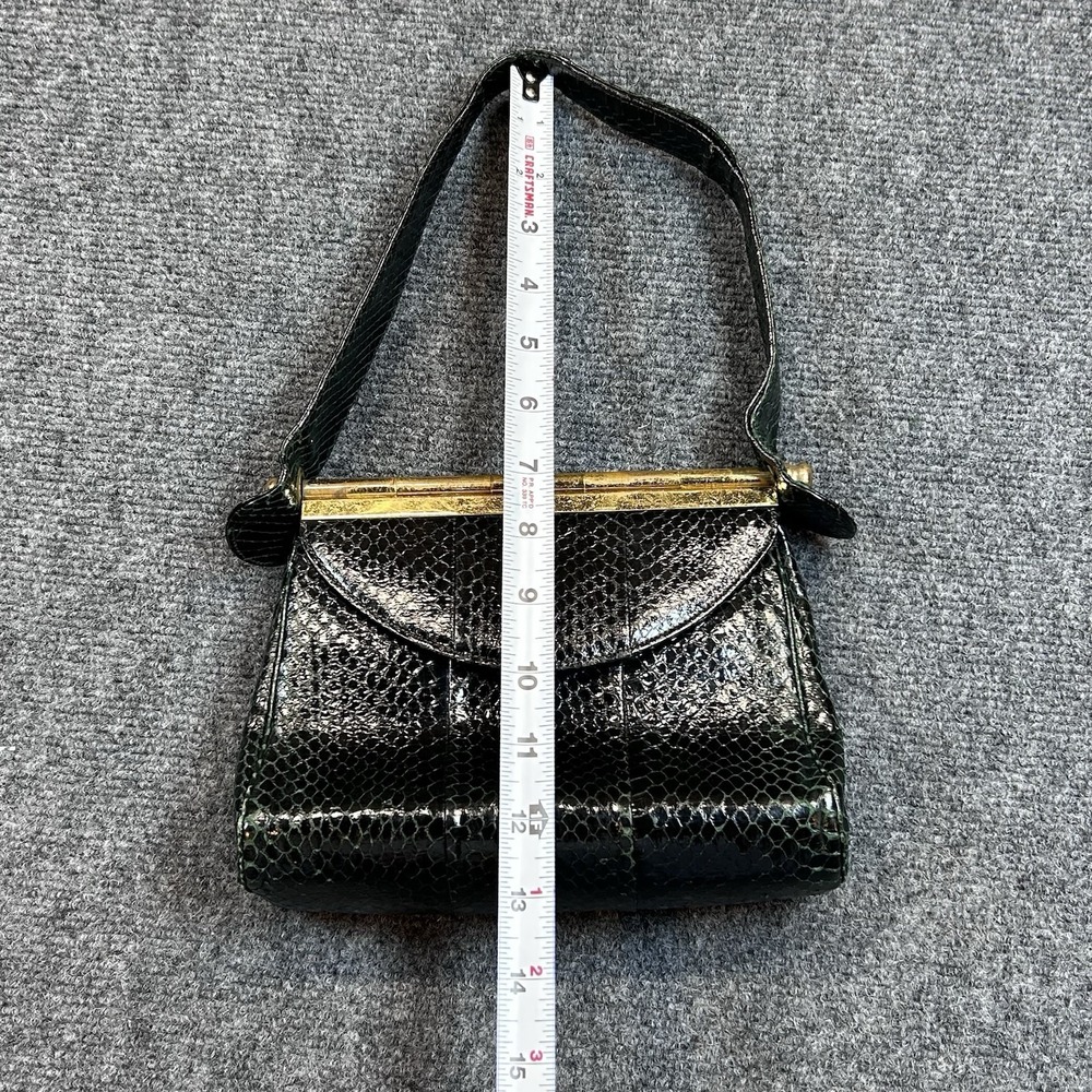 Vintage Dark Green Snake Lizard Skin Handbag with Clasp Closure By Alan Reptile - Picture 10 of 14
